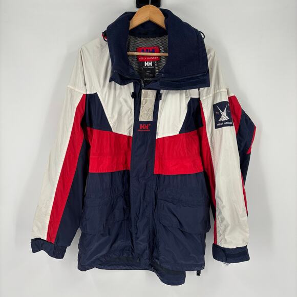 Vintage Helly Hansen Jacket Small Men’s Red White Blue 90’s Hood Shell Sailing - Picture 1 of 10
